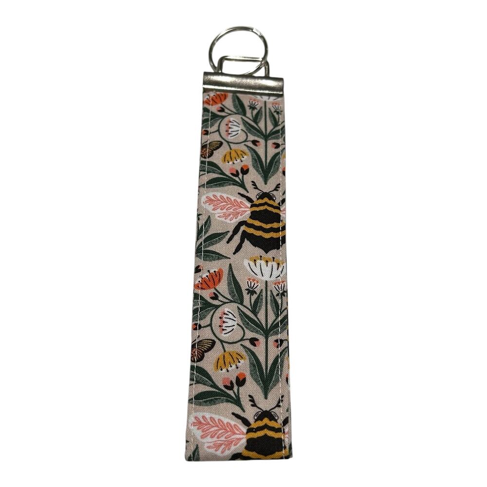NEW Handmade Wrist Keychain Beige with Bumblebee and Floral Pattern